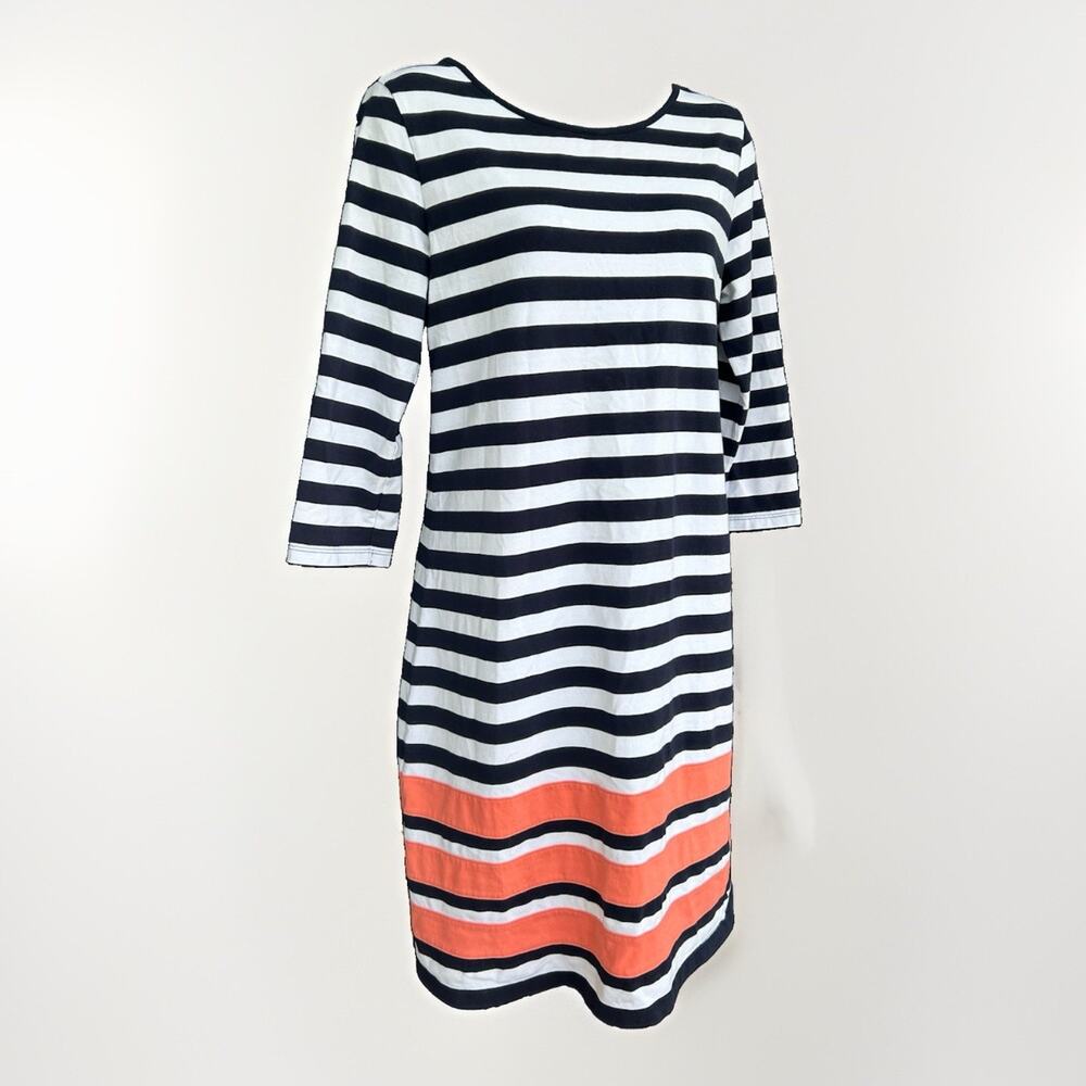 Duffield Lane Striped Shift Dress Size Med 3/4 Sleeve Navy White Coral Coastal